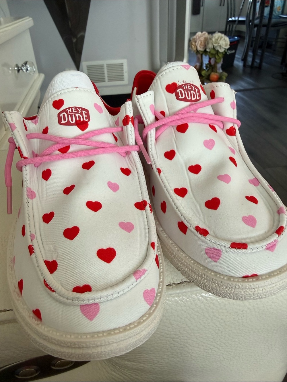Hey Dude White Canvas Sneakers with Red & Pink Hearts